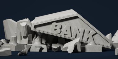 Koyu mavi arka planda harap olmuş bir taş bankası. Ülke ekonomisinin çöküşü, kriz, ekonomik yaptırımlar. İflas ve temerrüt kavramı. 3B resimleme