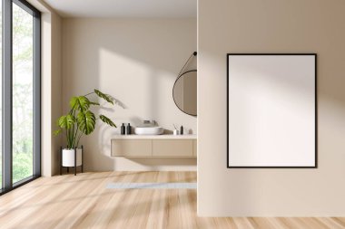 Modern bej otel banyosu lavabosu, aksesuarlı çekmece ve ahşap döşemeli halı. Tropik bölgelerde panoramik pencere. Tuvalin maketi posteri. 3B görüntüleme