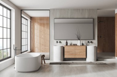 Çift lavabolu, duşlu, duşlu, panoramik pencereli ve banyo aksesuarlı şık bir otel tuvaleti. Modern tasarımla banyo alanı. 3B görüntüleme