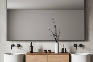 Modern banyo, beton duvarlar, iki yuvarlak lavabo, ahşap dolap ve büyük ayna. Hijyen anlayışı. 3d oluşturma
