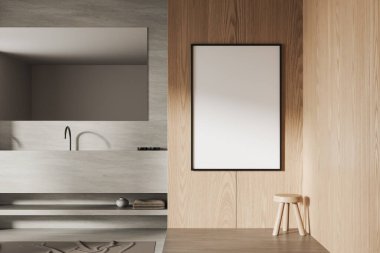 Otel banyosunun içi lavabo, uzun ayna, aksesuarlar ve tahta podyumun köşesindeki tabure, gri beton zemin. Tuvalin posterini hazırla. 3B görüntüleme