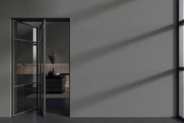 Gri ve bej duvarlı, koyu renkli ve gri kapılı, solunda cam kapılı bir duvar olan şık ofis binasının içi. 3d oluşturma