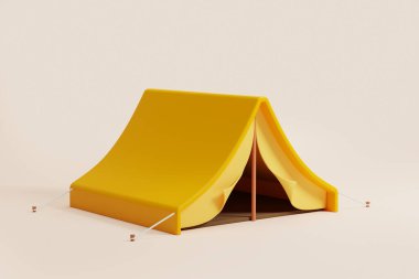 Sarı yürüyüş ve bej arka planda kamp çadırı. Doğa turizmi için üçgen ve kubbe tasarımı. Macera ve seyahat kavramı. Uzayı kopyala 3B resimleme