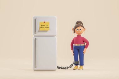 3D görüntüleme. Buzdolabının yanında zincirli çizgi film karakteri kadın, renkli çıkartma notları, akşam 6 'dan sonra yemek yok. Gıda bağımlılığı ve obezite çizimi kavramı