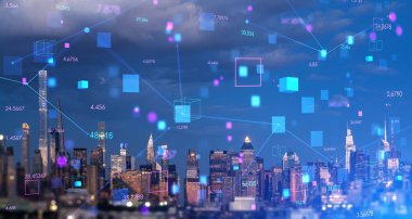 Geceleri New York silueti, blokaj zincirinin dijital hologramı, büyük veriler ve çevrimiçi sanal görüntü. Meta evren, iş teknolojisi ve DMS kavramı