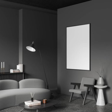 Oturma odasının içi kanepe, yan görüş koltuğu ve şık dekorasyonlu raf, gri beton zeminde halı. Minimalist gevşeme köşesi ve tuval posteri. 3B görüntüleme