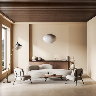 Bej oturma odasının içinde kanepe ve koltuk, dekorasyonlu çekmece ve kitaplı kahve masası, aydınlık beton zeminde halı. Stüdyo dairede sakin bir yer. 3B görüntüleme