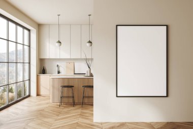 Beyaz duvarları, ahşap zemini, ahşap dolapları, tabureli bar tezgahı ve sağında dikey maket posteri olan modern mutfağın içi. 3d oluşturma