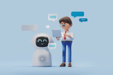 3D görüntüleme. Dizüstü bilgisayarı olan çizgi film karakteri, mesaj balonunu taklit eden gülümseyen sohbet robotu. Yapay zeka, insanların fikir üretmesine yardımcı oluyor. Sohbet robotu ve yapay zeka çizimi kavramı