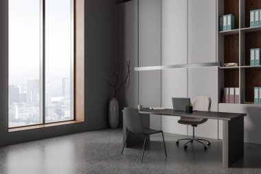 Masasında dizüstü bilgisayarı, gri beton zemini olan karanlık modern ofis içi. Raf, koltuk ve panoramik pencereli CEO köşesi. 3B görüntüleme