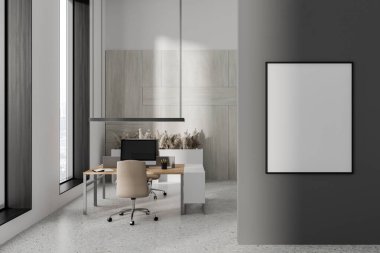 Ortak çalışma masası, koltukları ve bilgisayarları olan modern iş dünyası. Minimalist dekorasyon ve panoramik pencere. Bölümdeki tuval posterini taklit et. 3B görüntüleme