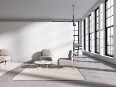 Modern ofis bekleme odasının içinde beyaz duvarlar, beton zemin, sehpaların yanında duran rahat bej koltuklar ve beyaz maket duvarlar. 3d oluşturma