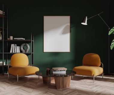 Modern oturma odasının içinde koyu yeşil duvarlar, ahşap zemin, yuvarlak sehpanın yanında duran iki sarı koltuk ve dikey taklit poster. 3d oluşturma