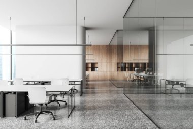 Cam kapılar ardında çalışma odası ve konferans salonu olan beyaz iş yerleri. Masası ve sandalyeleri olan modern tasarım işyeri, gökdelenlerin panoramik penceresi. 3B görüntüleme