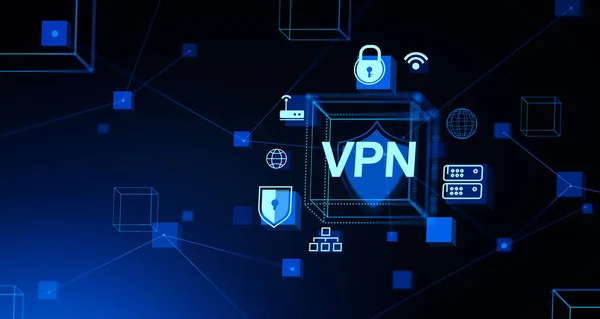 VPN and internet privacy, data protection in cyberspace. Anonymous and secure online connection, digital icons hologram. Concept of virtual private network. 3D rendering
