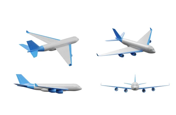 飞机在白色空旷的背景上飞行 四个项目从不同角度出发 旅行和度假的概念 3D渲染说明 — 图库照片