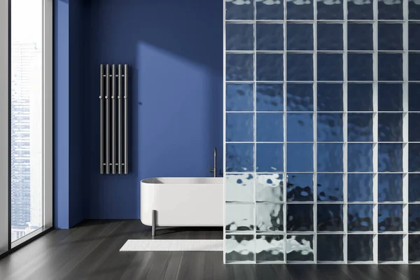 现代蓝色浴室内部与浴缸后面的玻璃立方体分割 全景窗口城市景观 黑色硬木地板上的毛巾栏杆和地毯 3D渲染 — 图库照片