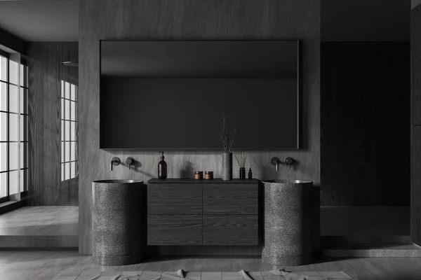 室内风格时尚的浴室 有深色的木制和混凝土墙壁 石制双水池 大镜子和步行淋浴 3D渲染 — 图库照片