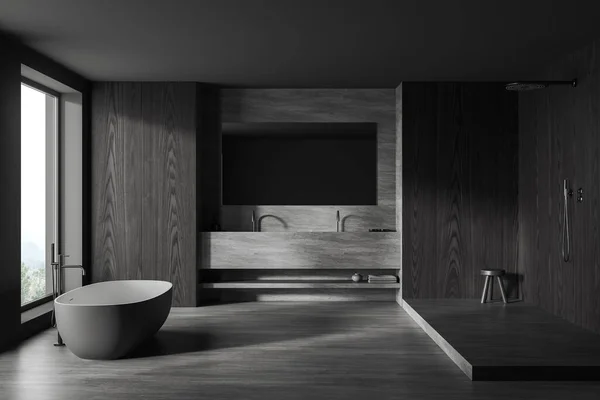 时尚浴室的内部 有灰色和黑色的木制墙壁 靠窗的舒适浴缸 双层水池和大镜子 并在淋浴中行走 3D渲染 — 图库照片
