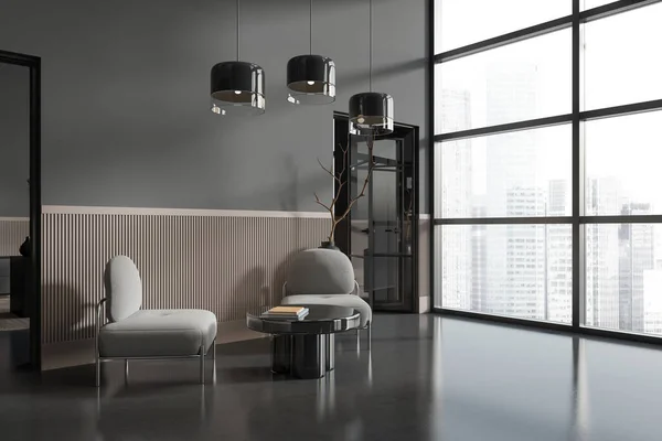 Interior Stylish Living Room Gray Beige Walls Concrete Floor Two — Stock Photo, Image