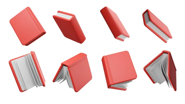 Червоні Книжки Твердого Покриття Встановлюють Літаючі Різні Кути Білому Тлі — стокове фото