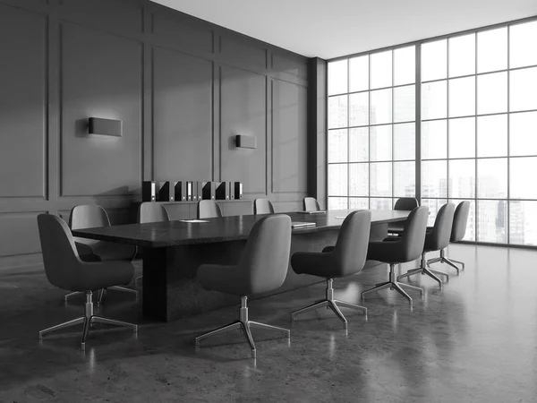 Canto Elegante Sala Reuniões Com Paredes Cinza Piso Concreto Mesa — Fotografia de Stock