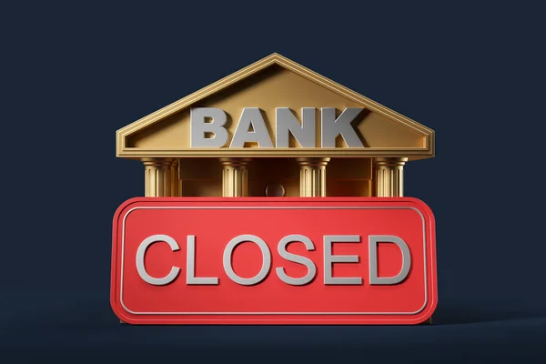 Cartoon Gouden Bank Met Groot Rood Bord Gesloten Donker Blauwe — Stockfoto