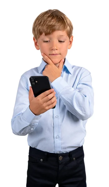 Pensive School Boy Looking Smartphone Hand Portrait Isolated White Background — Stock Photo, Image