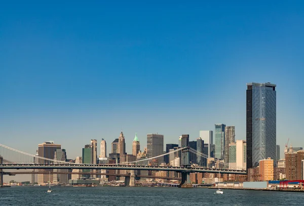 Pohled Brooklynský Most Panoramatický Výhled Newyorské Mrakodrapy Jasného Dne New — Stock fotografie