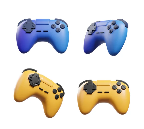 Vier Set Gamepad Controllers Blauwe Gele Kleur Lege Witte Achtergrond — Stockfoto