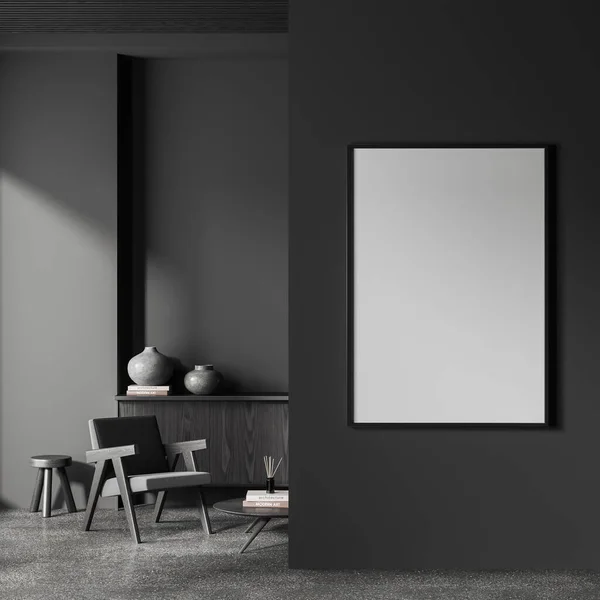 안락의자 어두운 재단사 커다란 모우터 거실의 내부는 포스터로 장식되어 렌더링 — 스톡 사진
