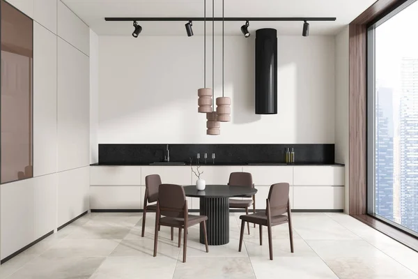 Interior Stylish Kitchen White Walls White Tiled Floor Cabinets Dining — Stock Photo, Image