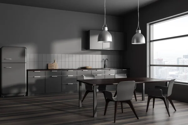 Stilvolle Küchenecke Mit Grauen Wänden Dunklem Holzboden Grauen Schränken Großem — Stockfoto