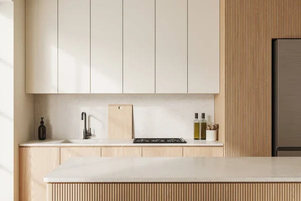 카운터 냉장고 싱크대 스토브가 현대적 디자인의 공간을 만들어 렌더링 — 스톡 사진