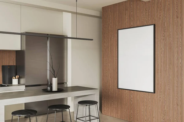 Interieur Van Moderne Keuken Met Witte Houten Muren Betonnen Vloer — Stockfoto