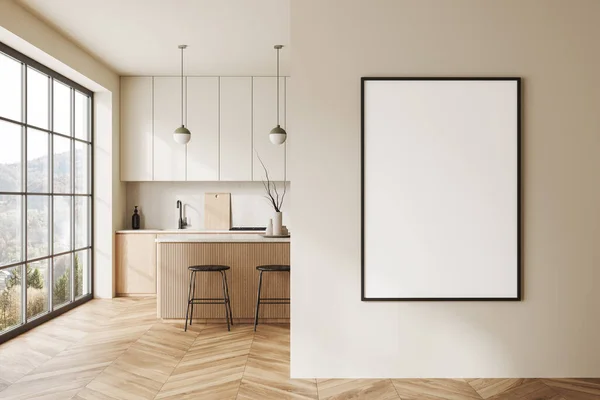 右側に白い壁 木製の床 木製のキャビネット スツール付きのバーカウンターと垂直モックアップポスターとモダンなキッチンのインテリア 3Dレンダリング — ストック写真