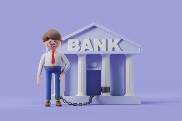 Renderizado Estresado Triste Personaje Dibujos Animados Hombre Negocios Encadenado Banco — Foto de Stock