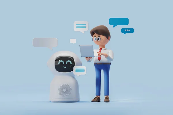 3d rendering. Cartoon character man with laptop, smiling chat bot with mock up text message bubble. AI helping human to generate ideas. Concept of chatbot and AI illustration
