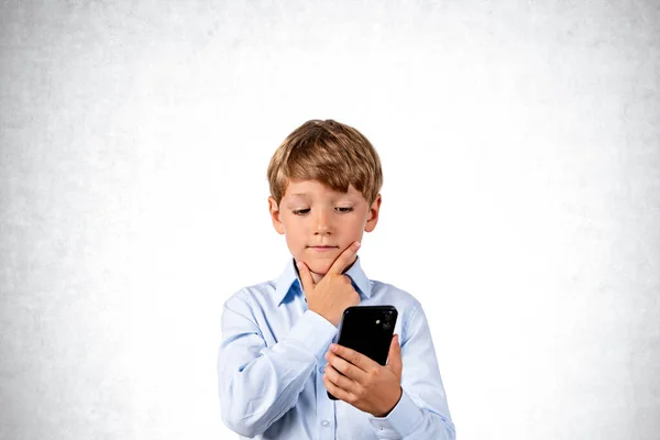 Pensive School Boy Looking Smartphone Hand Portrait Copy Space Grey — Stock Photo, Image