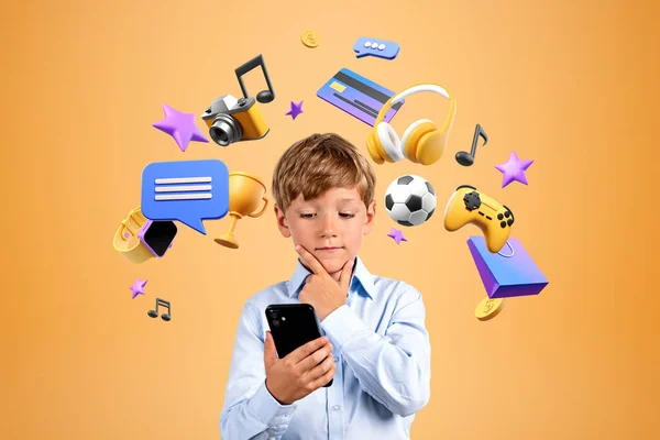 Thoughtful child with phone, playing video games and streaming music with video in internet. Concept of entertainment, online payment and shopping