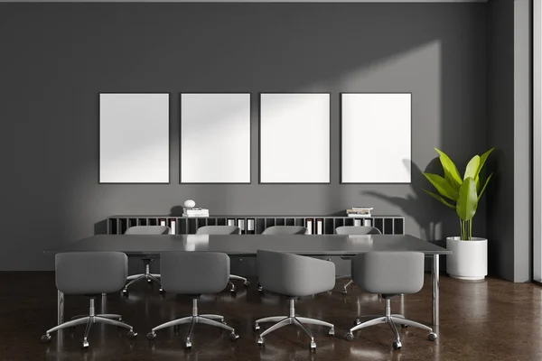 会議テーブル アームチェア 装飾付きの棚とダークオフィスのインテリア 茶色のコンクリート床の上にモダンな家具との会議ゾーン キャンバスのポスターを横にモックアップします 3Dレンダリング — ストック写真