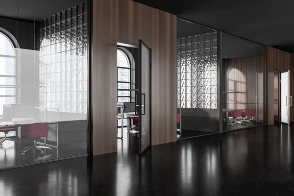 现代办公大楼的内部大堂 有灰色和木制墙壁 会议室和有粉色椅子的开放空间 3D渲染 — 图库照片