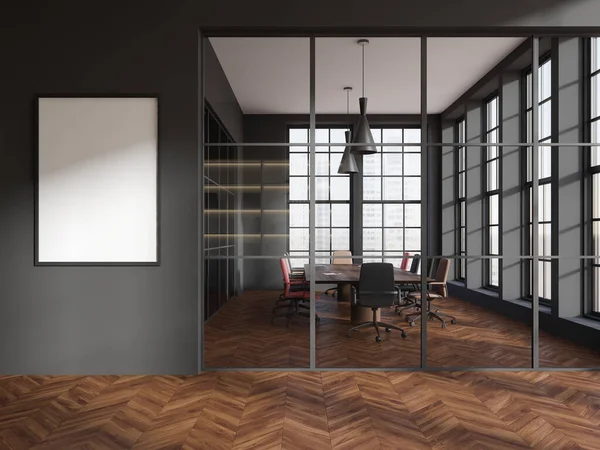 有灰色和玻璃墙 木制地板 有长桌的会议室和垂直的模拟招贴画框架的时髦办公室大堂的内部 3D渲染 — 图库照片