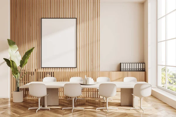 Interieur Van Moderne Conferentieruimte Met Beige Houten Muren Houten Vloer — Stockfoto