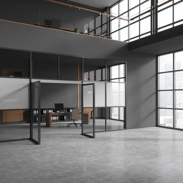 Interno Elegante Hall Ufficio Con Pareti Grigie Vetro Pavimento Cemento — Foto Stock