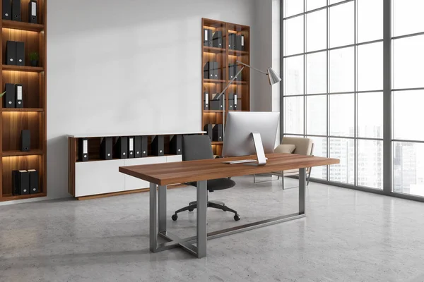 Interior Modern Ceo Office White Walls Concrete Floor Wooden Computer — Stock Photo, Image