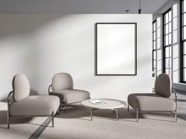 Escritório Branco Sala Relaxamento Interior Com Três Poltronas Macias Mesa — Fotografia de Stock