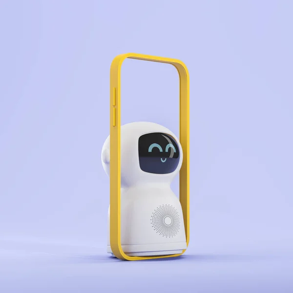 Roztomilý Bílý Robot Umělé Inteligence Opouští Obrazovku Smartphonu Koncept Robotického — Stock fotografie