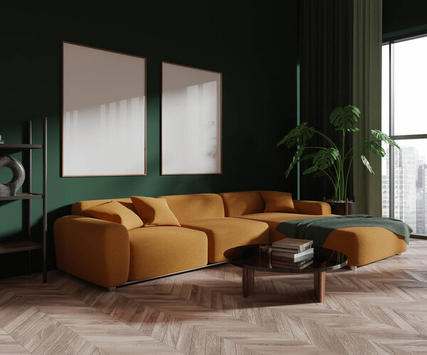 Green living room interior with sofa, side view glass coffee table with decoration on hardwood floor. Panoramic window and two mock up canvas posters in row. 3D rendering