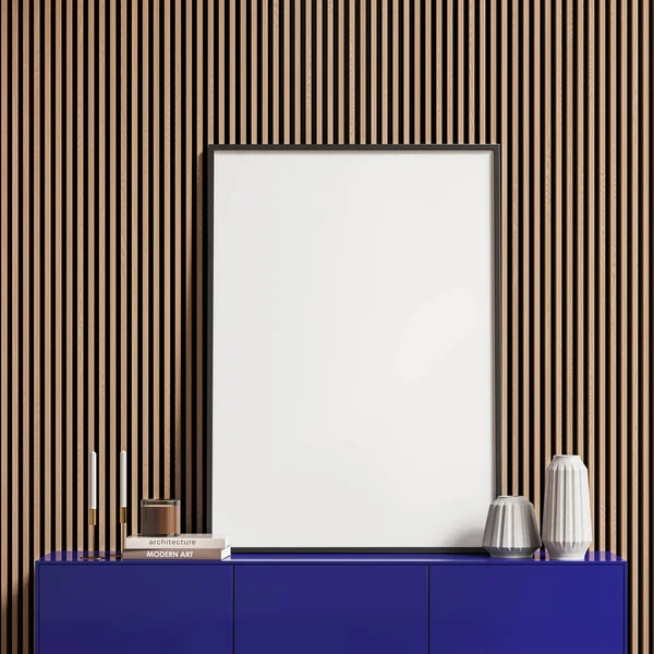 Parede Listrada Sala Estar Interior Com Cômoda Azul Decoração Arte — Fotografia de Stock